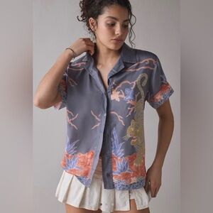 Urban Outfitters BDG Asher Satin Printed Souvenir Short Sleeve Button-Down Shirt